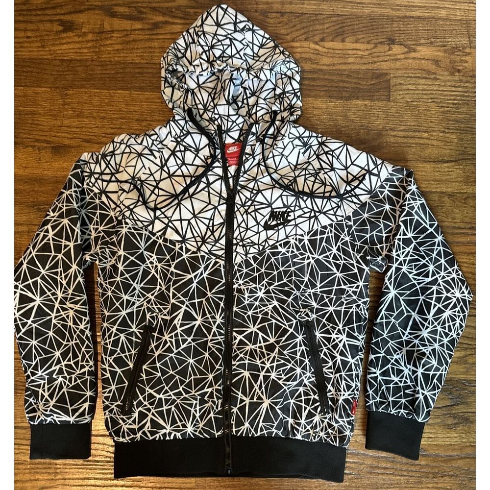 Nike Geometric Windrunner Full Zip Hoodie Windbreaker Black, White Jacket Medium
